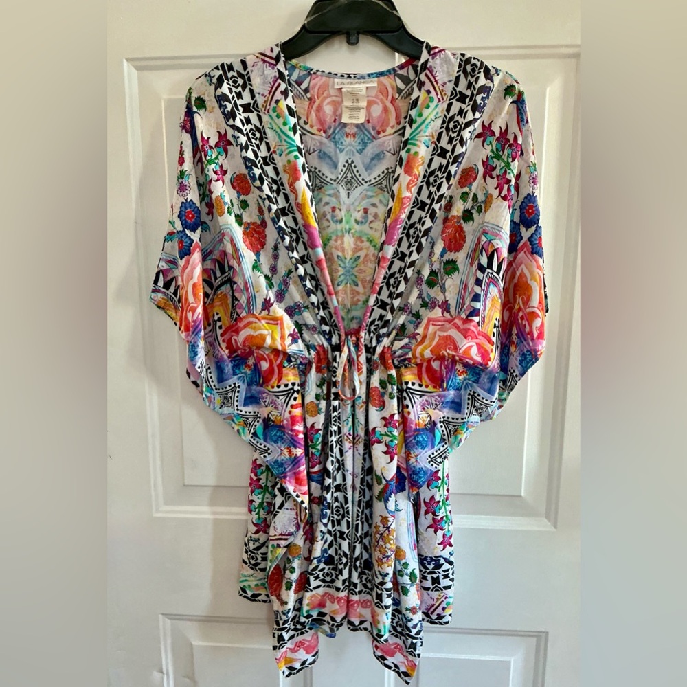 La Blanca Vibrant Floral Swimsuit Cover-Up Kimono Drawstring Waist WM SZ SM/Med